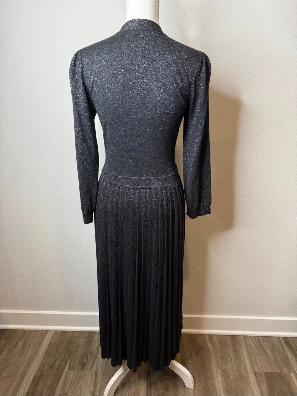 kate spade Metallic Charcoal Long Sleeve Pleated Midi Dress Wedding Holiday Med